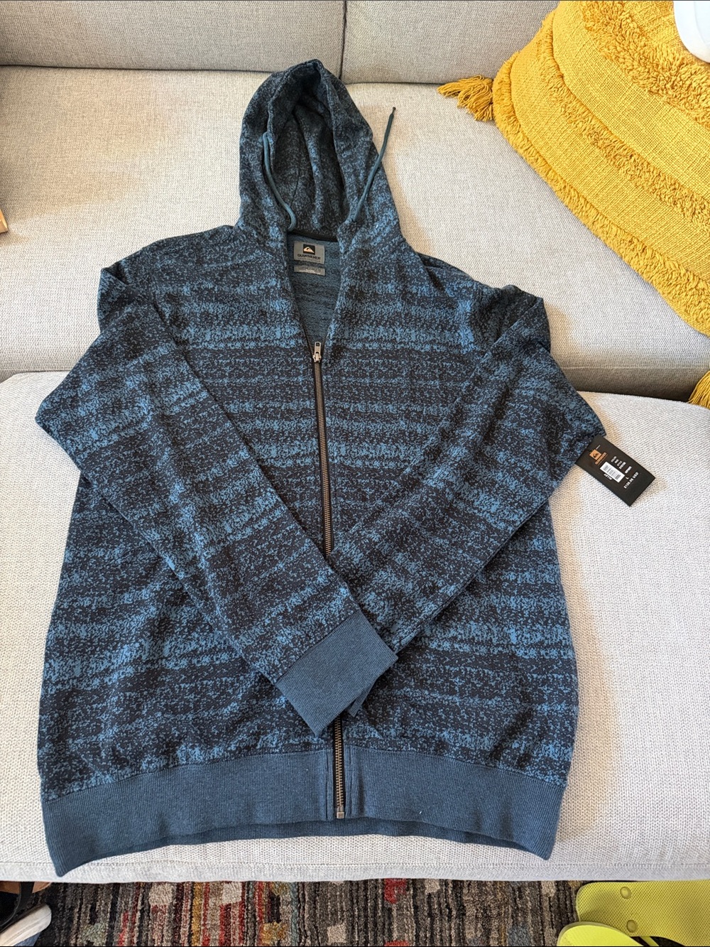 Quiksilver Men's Blue and Black Striped Zip-Up Hoodie Sweater